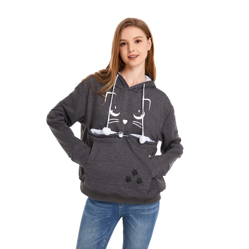 ALYC Unisex Hoodies Pet Holder Cat Dog Kangaroo Pouch Carries Pullover with Cat Printing Sweatshirt (Dark Grey, XXL) - Image 1
